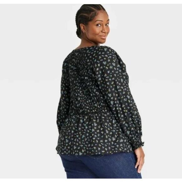 Ava & Viv Smocked Top Women's Size 2X Black Floral V-Neck Balloon Sleeves Cotton - Picture 5 of 10